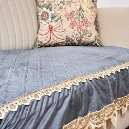 Steel Grey Quilted Velvet Sofa Cover – Majestic Gold Lace Trim