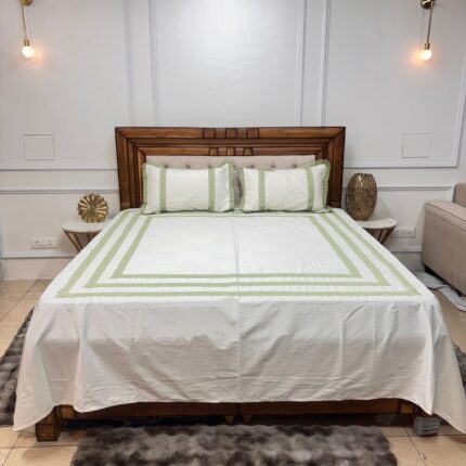 Refreshing Olive Lace Inset Bedsheet Set – Luxury White Cotton