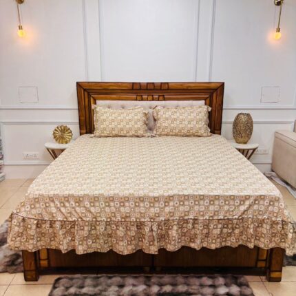 Royal Beige Printed Frill Bedsheet 😍 Classic Elegance for Luxurious Bedrooms