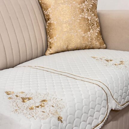 Ivory Luxury Sofa Cover with Royal Gold Embroidery 🤍✨