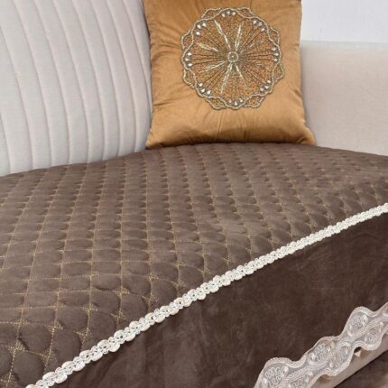 The Rustic Choice: Coffee Brown Diamond-Quilted Sofa Cover with Scalloped Lace