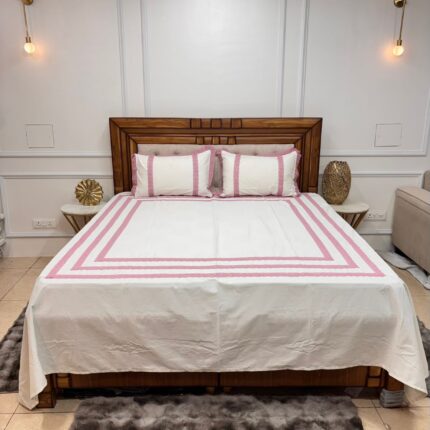 Charming Rose-Pink Lace Inset Bedsheet Set – Premium White Cotton