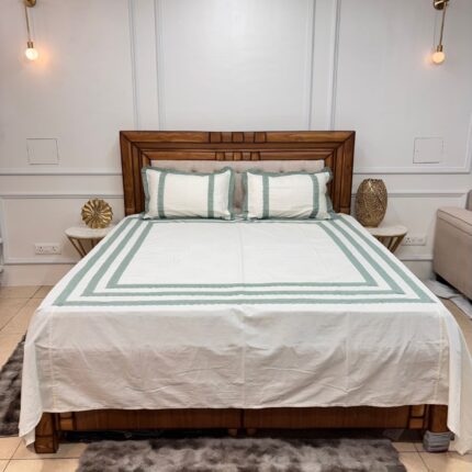 Sage Green Lace Inset Bedsheet Set – Breathable White Cotton Luxe