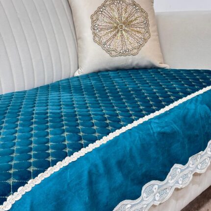 The Royal Choice: Regal Peacock Blue Velvet Sofa Cover with Cream Lace Trim