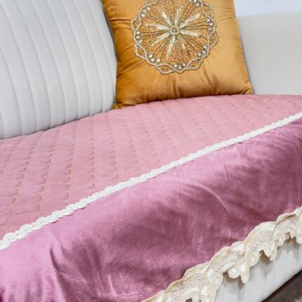 The Romantic Choice: Dusty Rose Quilted Velvet Sofa Cover with Scalloped Lace