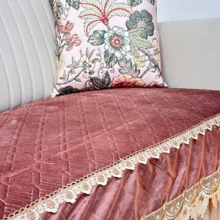 Elegant Dusty Rose Quilted Velvet Sofa Cover – Ornate Gold Lace Trim