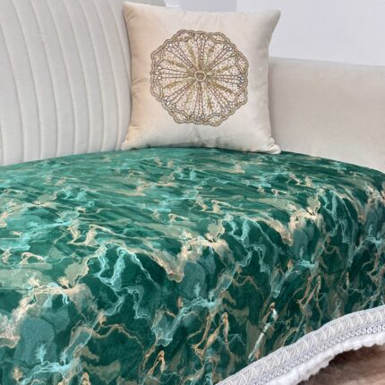 Majestic Emerald Marble Sofa Cover with Golden Accents