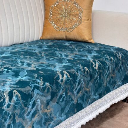 Midnight Teal & Gilded Marble Luxe Sofa Throw