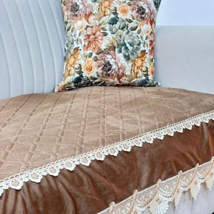 Rich Mocha Quilted Velvet Sofa Shield – Artisanal Scalloped Lace