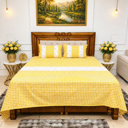 Bright Yellow Checks Bedsheet with Elegant Floral Border