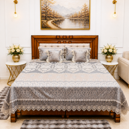 Luxury Quilted Embroidered King Size Bedcover Set with Lace Finish 🛏️✨