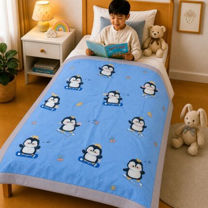 Cute Penguin Kids Dohar – Soft Cartoon Printed Summer Blanket