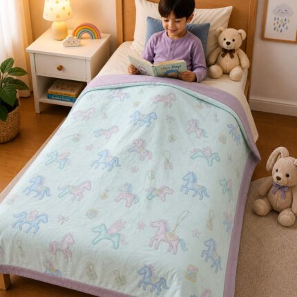 Unicorn Dreams Kids Dohar – Soft Pastel Printed Summer Blanket