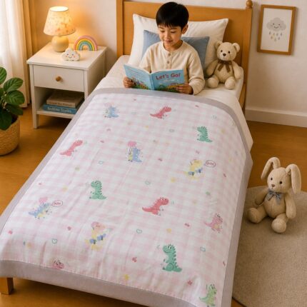 Cute Dino Dreams Kids Dohar – Soft Pink Summer Quilt