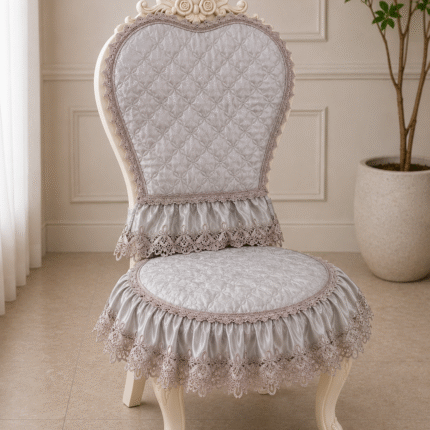 Elegant Pearl White Quilted Chair Cover with Delicate Lace Trim
