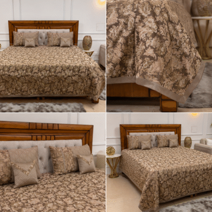 Elegant Taupe Floral Bed Cover Set with Coordinated Cushion Covers