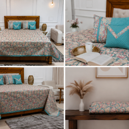 Elegant Aqua Floral Bed Cover Set with Designer Cushion Covers