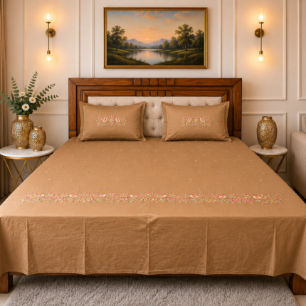 Premium Beige Embroidered Cotton Bedsheet with Elegant Floral Border