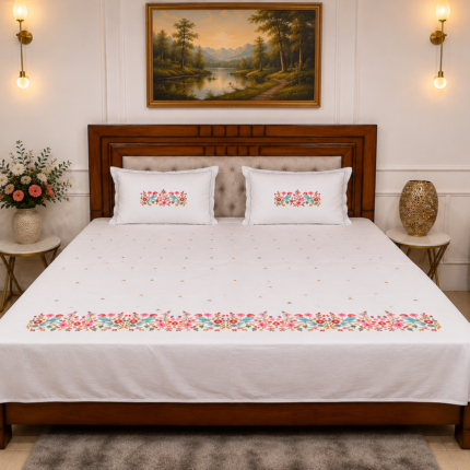 Premium White Embroidered Cotton Bedsheet with Bird & Floral Border Design