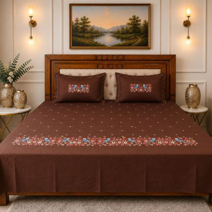 Premium Brown Embroidered Cotton Bedsheet with Bird & Floral Border