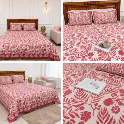 Khadi Floral Bedsheet with Crochet Lace Designer Pillow Covers – Rose Pink