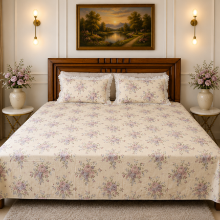 Premium Pastel Floral Cotton King Size Bedsheet with 2 Pillow Covers