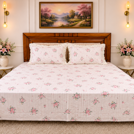 Premium Pink Stripe Floral Cotton King Size Bedsheet with 2 Pillow Covers