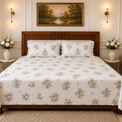 Premium Pastel Floral Cotton King Size Bedsheet with 2 Pillow Covers