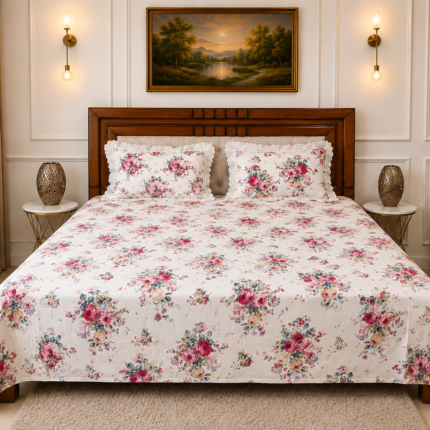 Premium Vintage Rose Floral Cotton King Size Bedsheet with 2 Pillow Covers