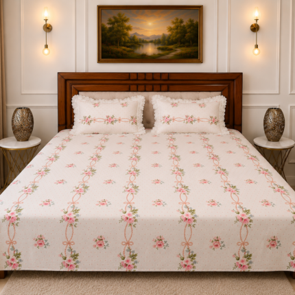 Premium Floral Vine Cotton King Size Bedsheet with 2 Pillow Covers