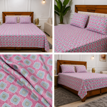 Premium Soft Cotton Geometric Printed Bedsheet Set – Pink