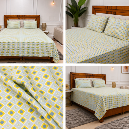 Premium Soft Cotton Geometric Printed Bedsheet Set – Sky Blue & Yellow
