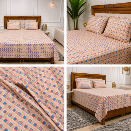 Premium Soft Cotton Geometric Printed Bedsheet Set – Beige & Blue