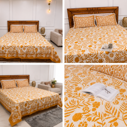 KKhadi Floral Bedsheet with Crochet Lace Designer Pillow Covers – Mustard Yellow