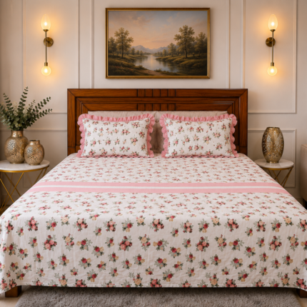 Elegant Pink Floral Cotton Bedsheet Set – Soft, Charming & Timeless