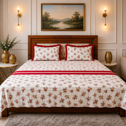 Elegant Red Floral Cotton Bedsheet Set – Classic Charm with a Bold Touch