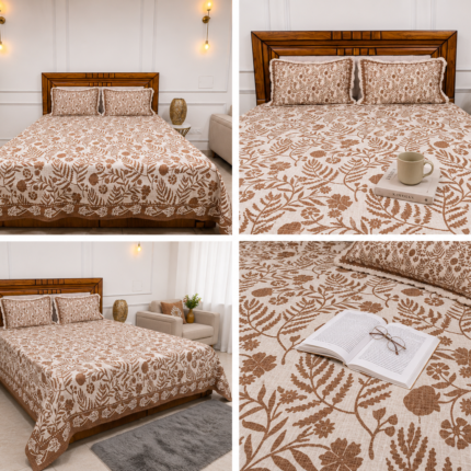 Khadi Floral Bedsheet with Crochet Lace Designer Pillow Covers