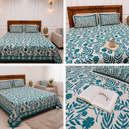 Khadi Floral Bedsheet with Crochet Designer Pillow Covers