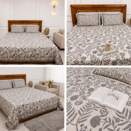 Khadi Floral Bedsheet with Crochet Lace Designer Pillow Covers – Grey