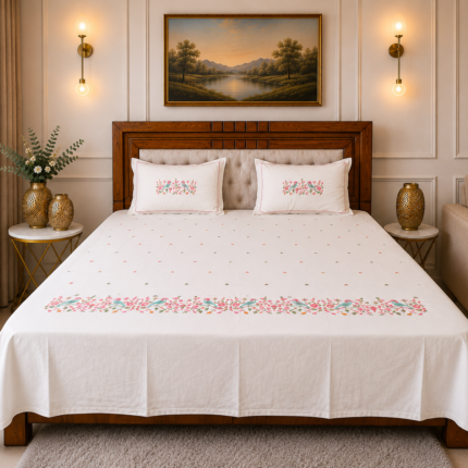 Premium White Embroidered Cotton Bedsheet with Floral Border Design