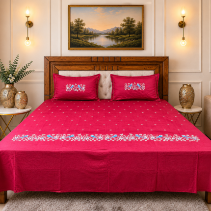 Premium Embroidered Cotton Bedsheet with Elegant Bird & Floral Design