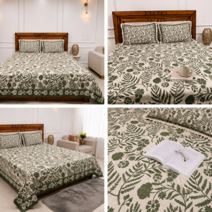 Khadi Floral Bedsheet with Crochet Lace Designer Pillow Covers – Olive Green