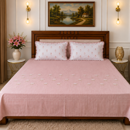Blush Pink Floral Embroidered Bedsheet Set