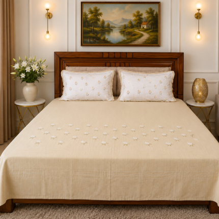 Elegant Cream Floral Embroidered Bedsheet Set