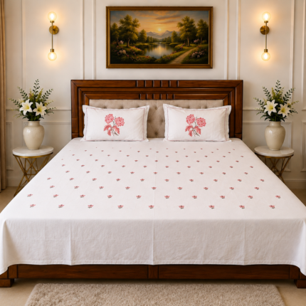 Premium White Embroidered Cotton Bedsheet Set with Floral Pillow Covers