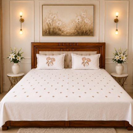 Luxury White Embroidered Cotton Bedsheet Set | Elegant Floral Design