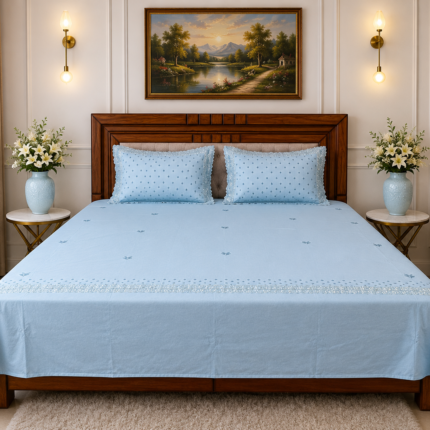 Elegant Sky Blue Embroidered Bedsheet Set | Premium Cotton Collection