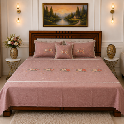 Elegant Mauve Floral Embroidered Bedspread Set