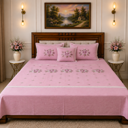 Elegant Pink Floral Embroidered Bedspread Set