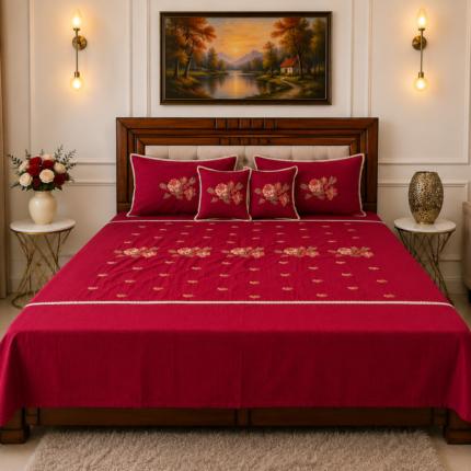 Royal Red Floral Embroidered Bedspread Set
